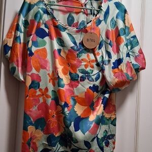 BiBi Orange Graphic Short Sleeve Blouse